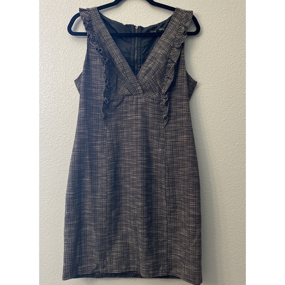 Cynthia Steffe Brown Deep‎ V Ruffle Dress SZ 12 Leather Trim Zipper Sleeveless